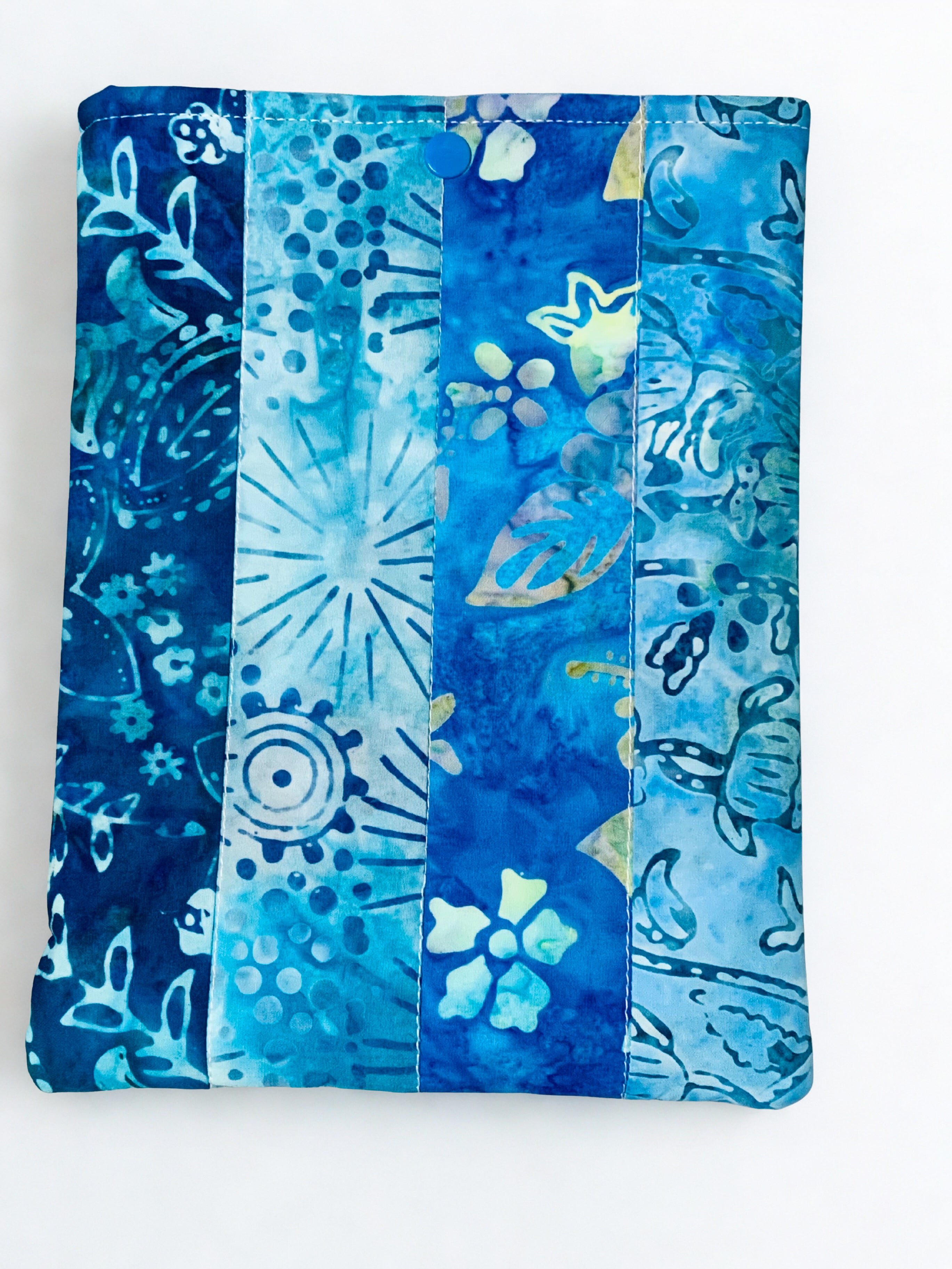 Quilted Tablet Sleeve or Book Sleeve Snap Closure - Teal Batiks - Beach Vibes - Book Cozy - Handmade - Medium - 7.5" x 10"