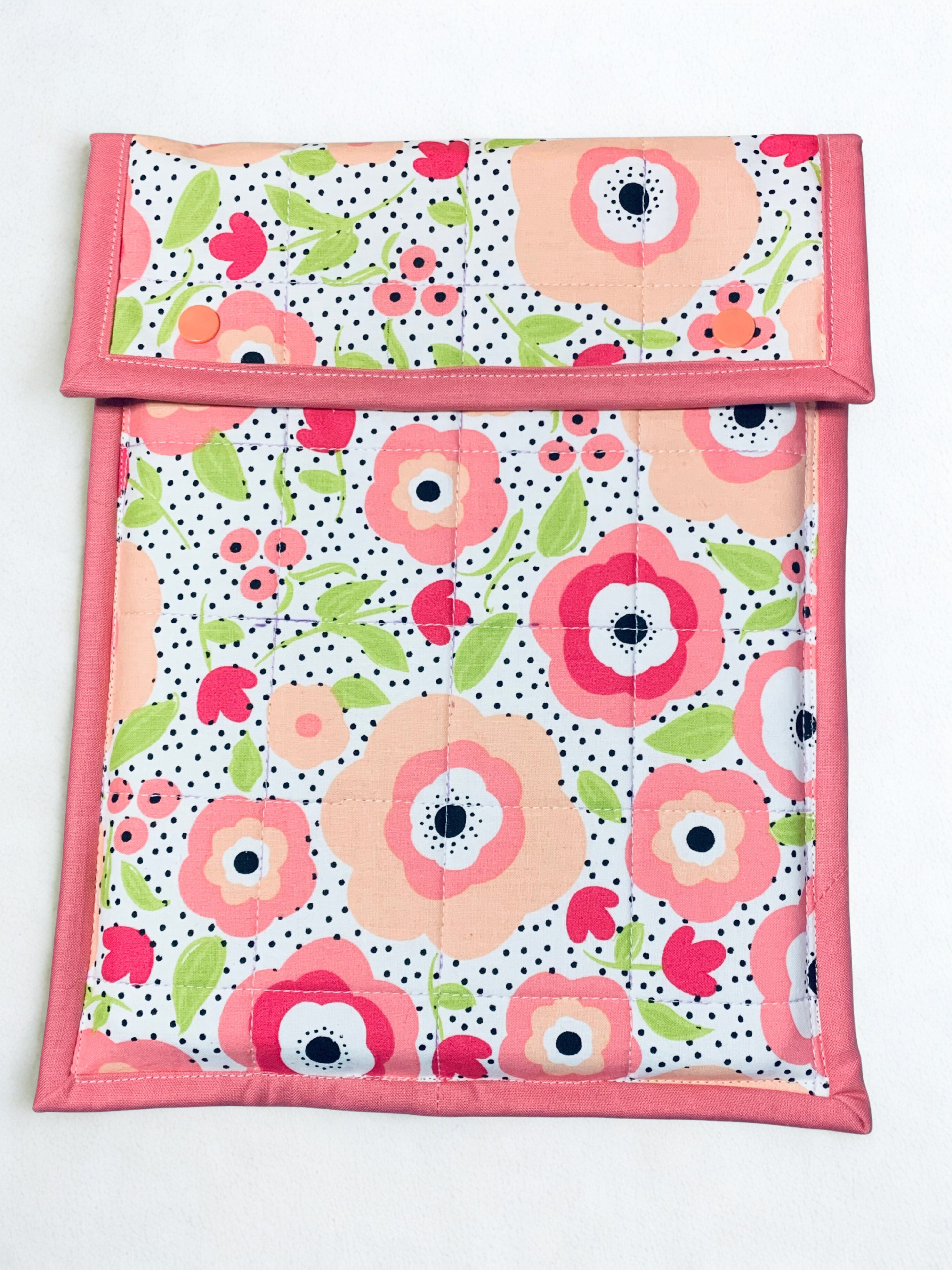 Quilted Tablet Sleeve or Book Sleeve Snap Closure - Floral - Book Cozy - Handmade - 2 Sizes Available