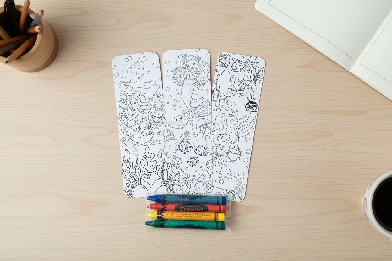 Coloring book with mermaid and ocean-themed designs with Crayola crayons.
