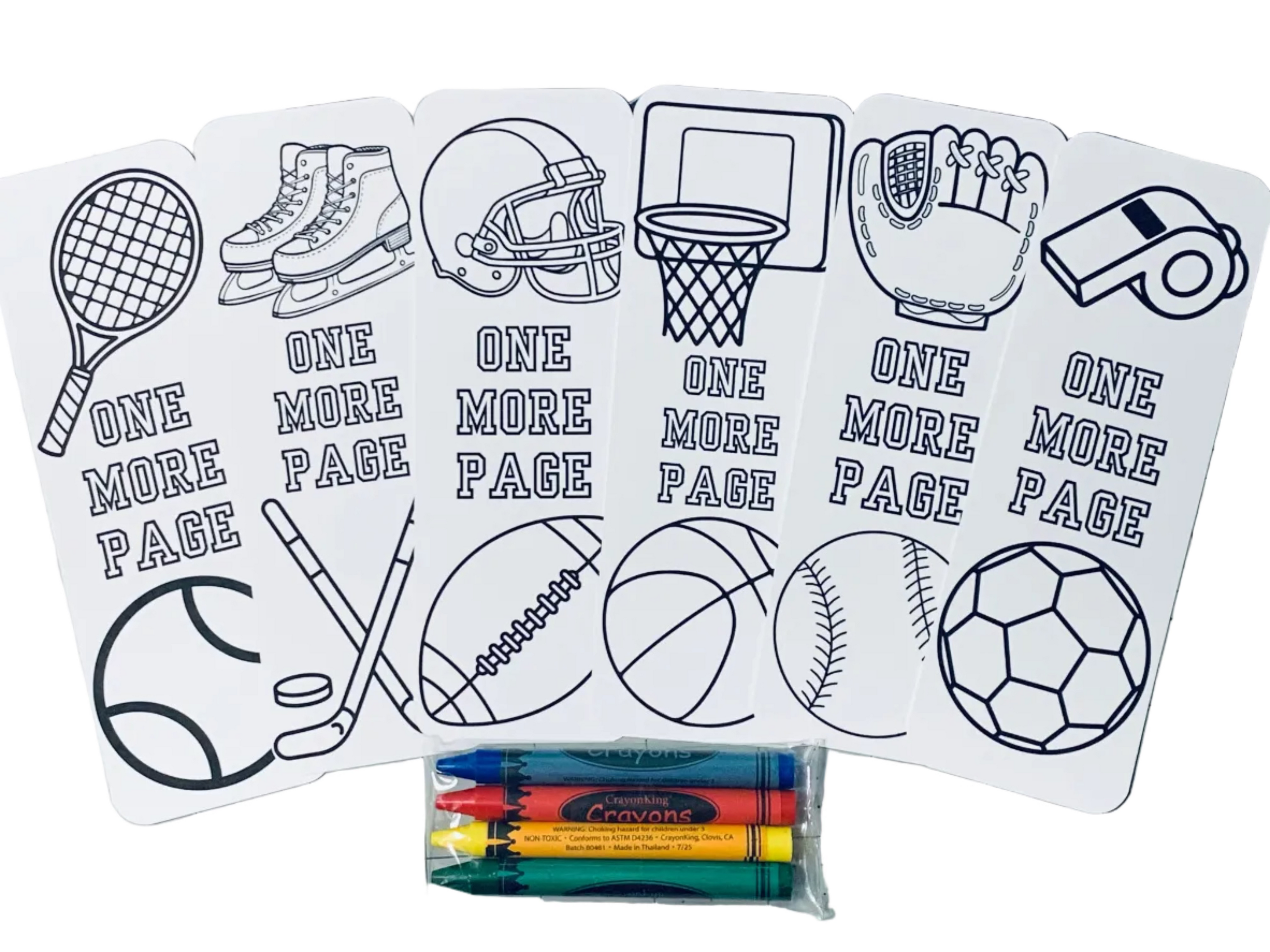 Coloring page with sports-themed illustrations with crayons.