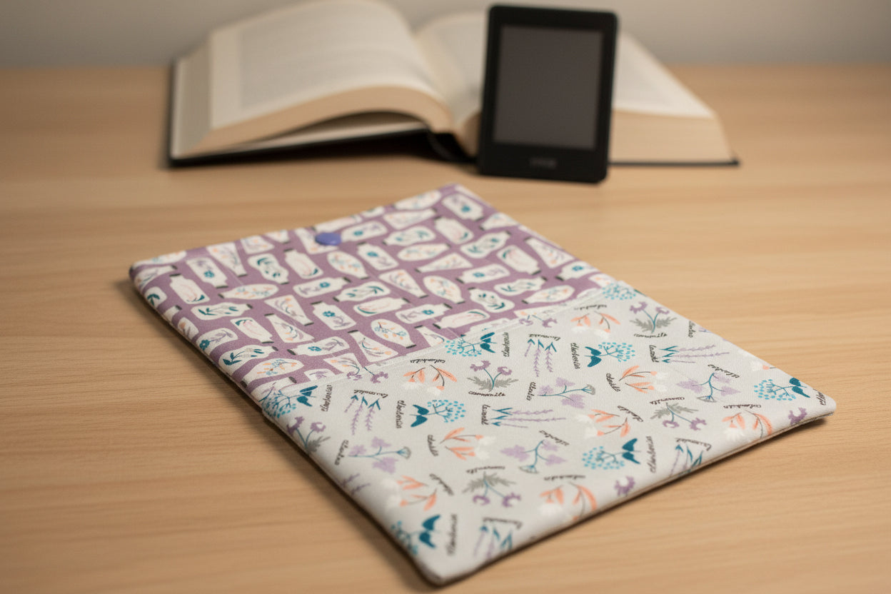 Two patterned fabric swatches, one with bottle illustrations on a purple background and the other with floral and text design on a white background.