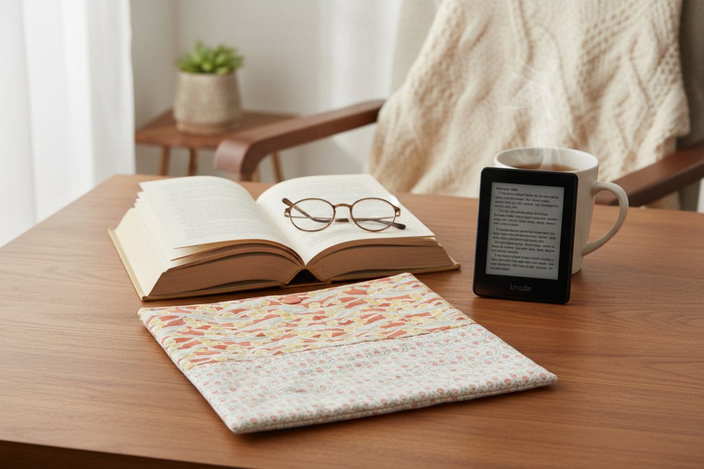 Quilted Tablet Sleeve or Book Sleeve Snap Closure Exterior Pockets - Fleur Nouveau Collection - Handmade - Small - 7" x 9" - Kindle Cozy - iPad Mini Cozy - Book Cozy