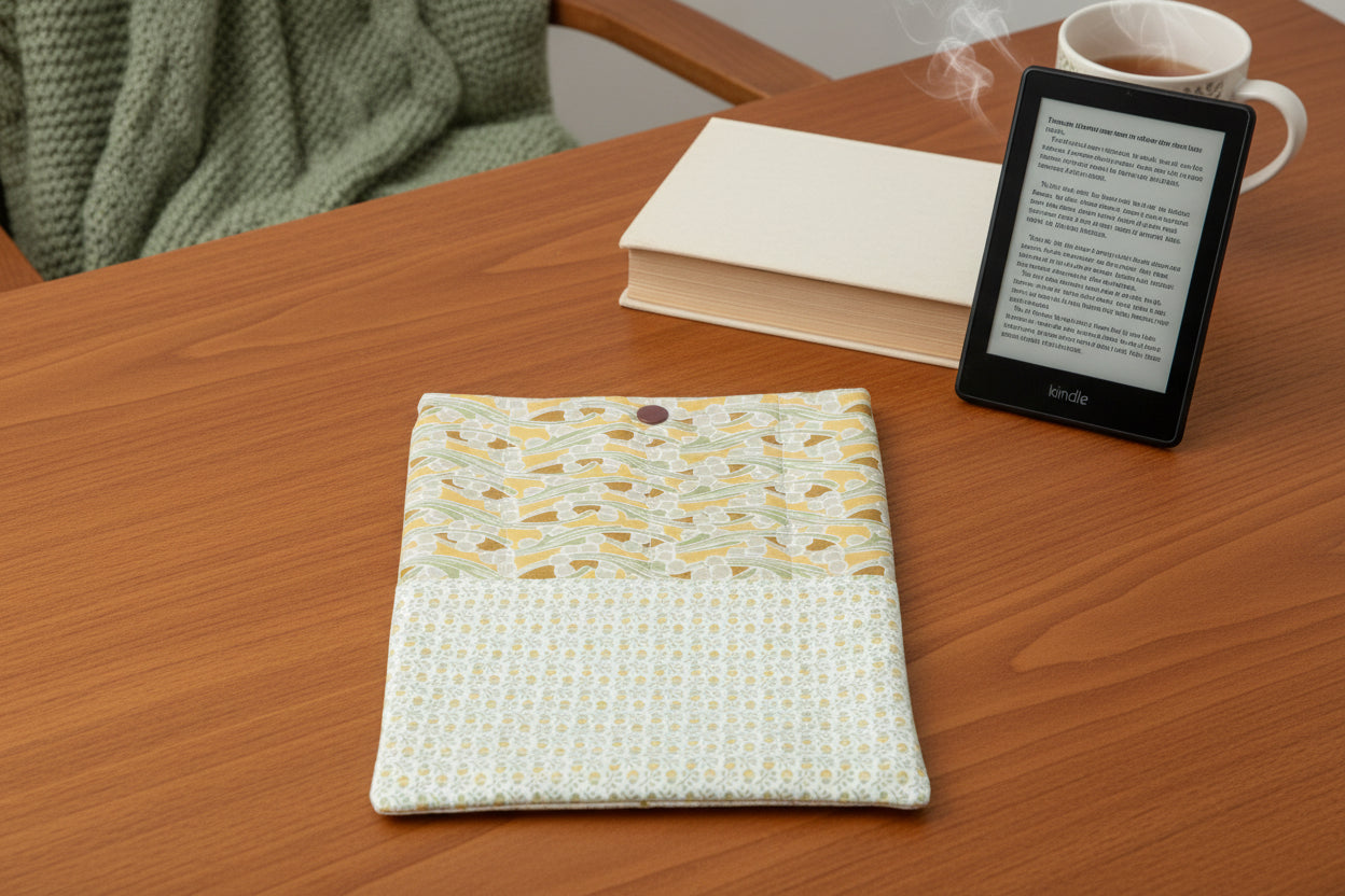 Quilted Tablet Sleeve or Book Sleeve Snap Closure Exterior Pockets - Fleur Nouveau Collection - Handmade - Small - 7" x 9" - Kindle Cozy - iPad Mini Cozy - Book Cozy