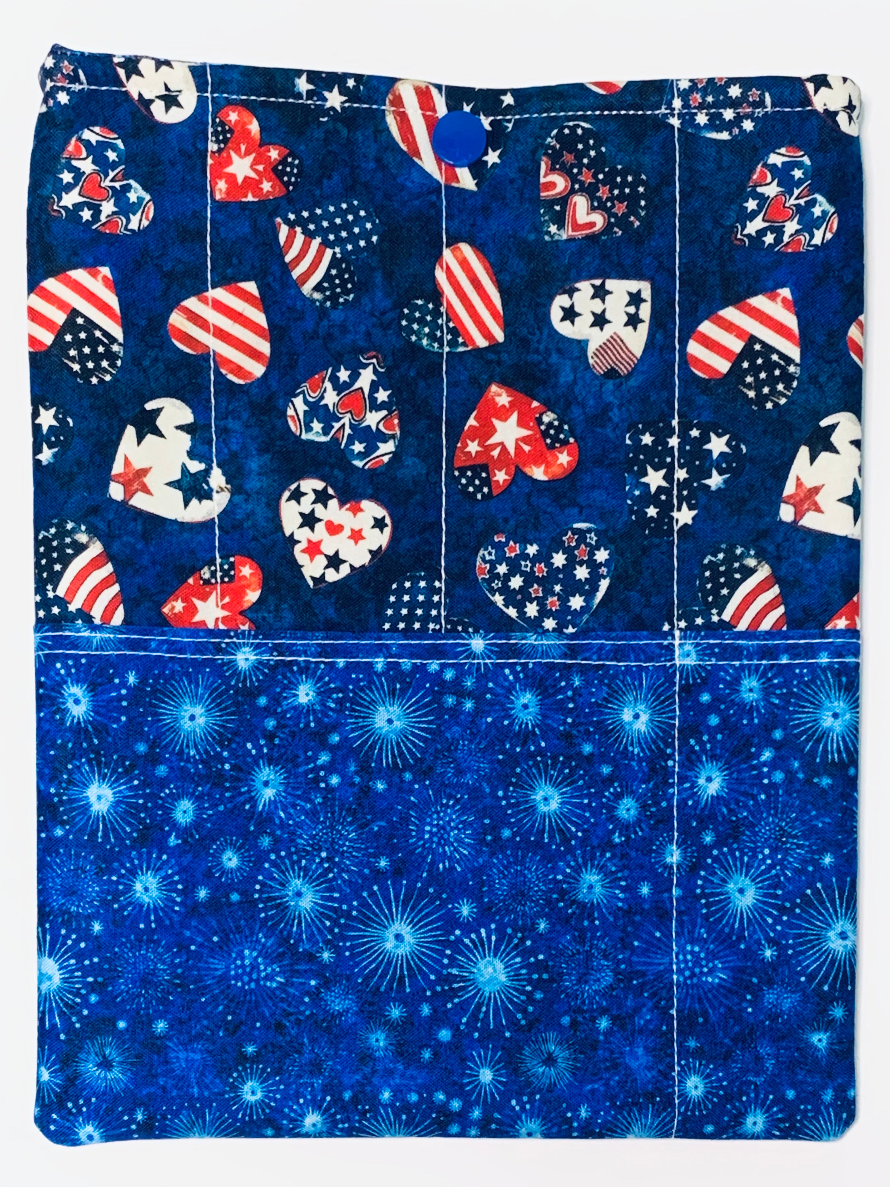 Quilted Tablet Sleeve or Book Sleeve Snap Closure Exterior Pockets - Patriotic Hearts Collection - Handmade - Small - 7" x 9" - Kindle Cozy - iPad Mini Cozy - Book Cozy