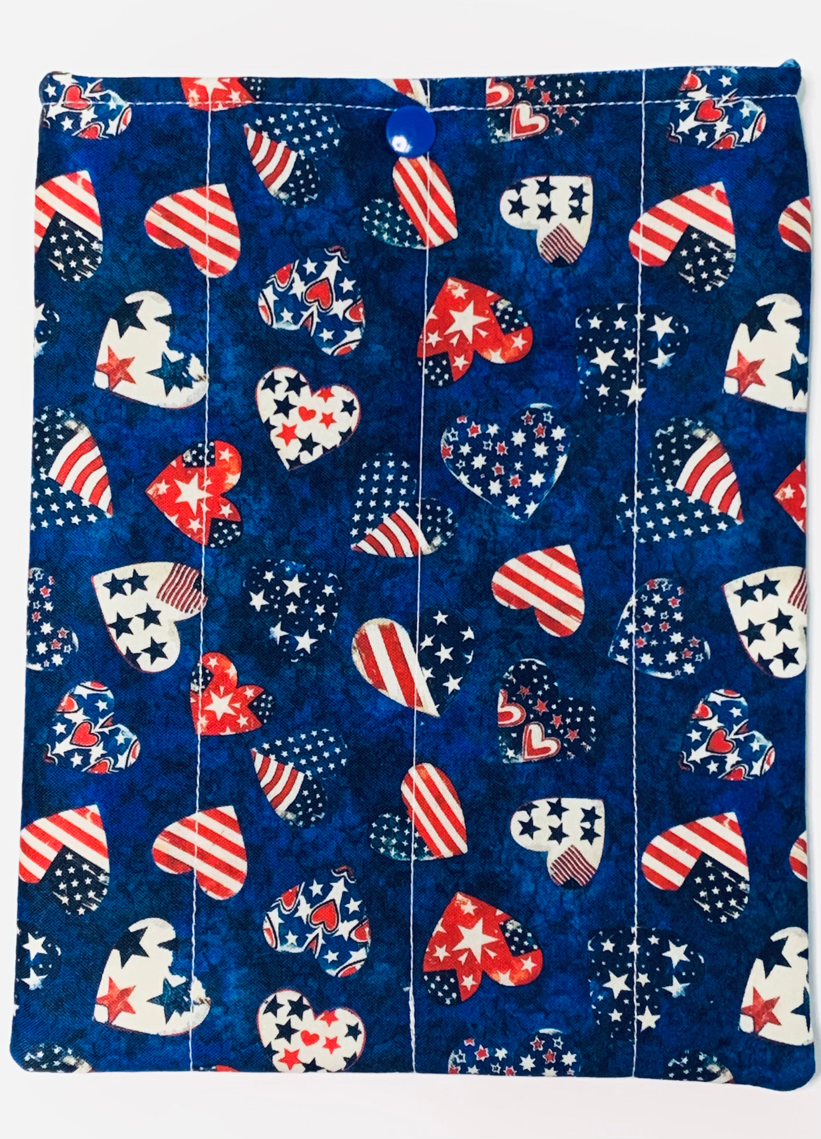 Quilted Tablet Sleeve or Book Sleeve Snap Closure Exterior Pockets - Patriotic Hearts Collection - Handmade - Small - 7" x 9" - Kindle Cozy - iPad Mini Cozy - Book Cozy