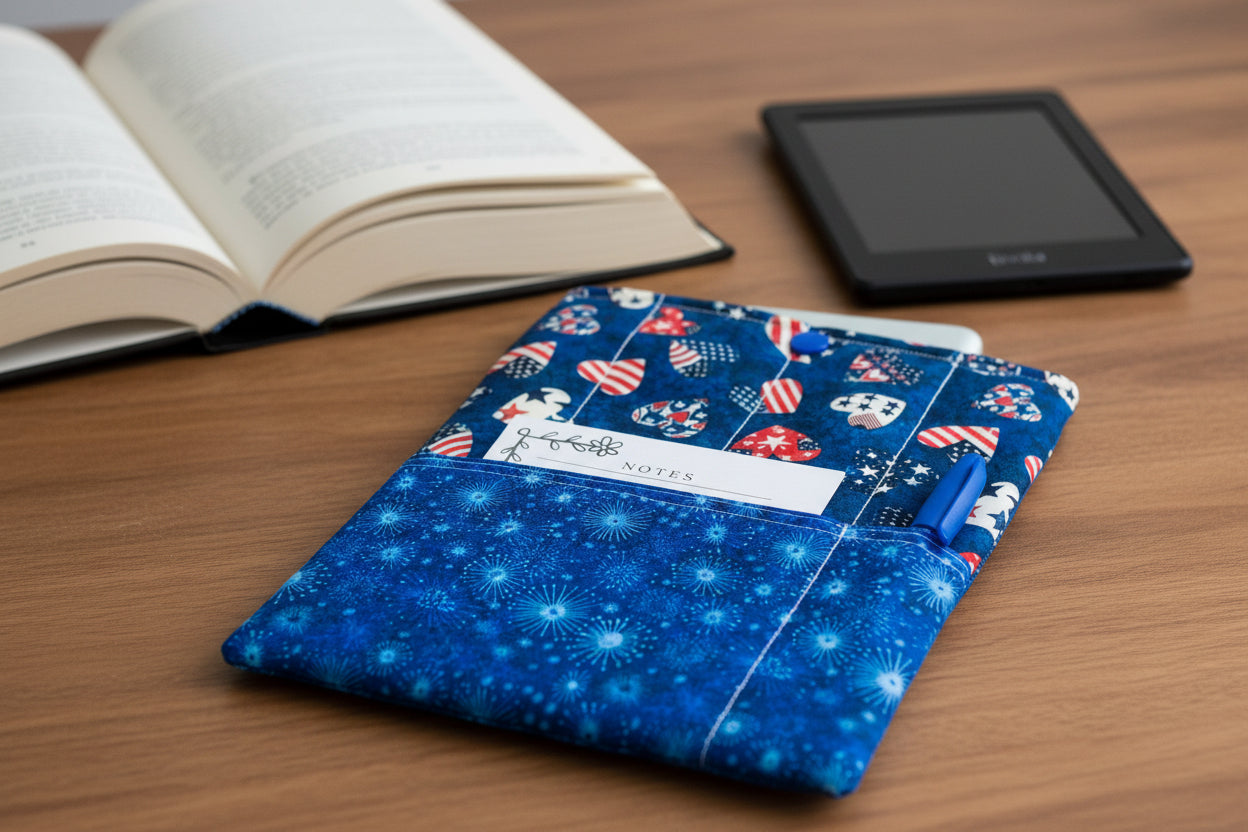 Quilted Tablet Sleeve or Book Sleeve Snap Closure Exterior Pockets - Patriotic Hearts Collection - Handmade - Small - 7" x 9" - Kindle Cozy - iPad Mini Cozy - Book Cozy