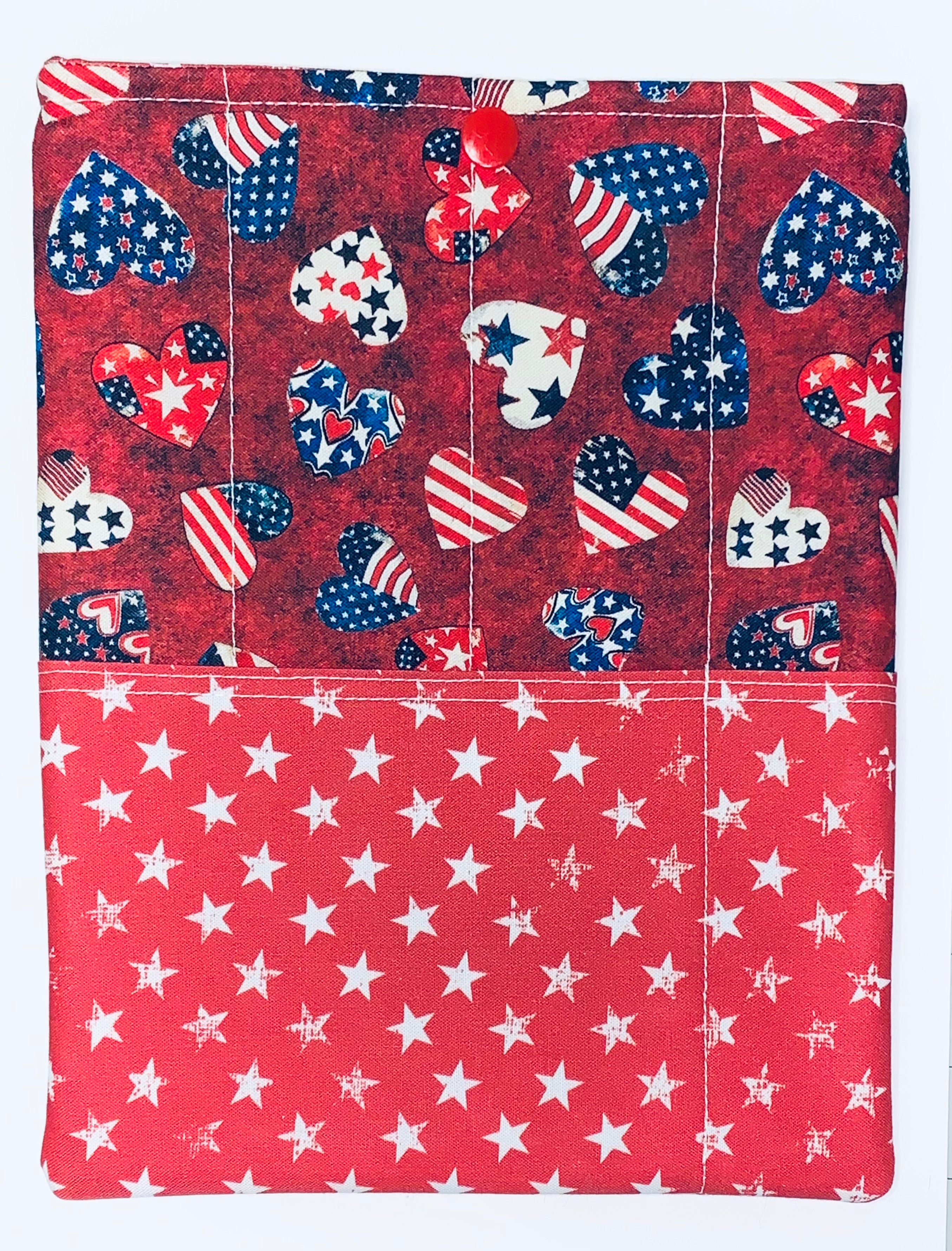 Quilted Tablet Sleeve or Book Sleeve Snap Closure Exterior Pockets - Patriotic Hearts Collection - Handmade - Small - 7" x 9" - Kindle Cozy - iPad Mini Cozy - Book Cozy