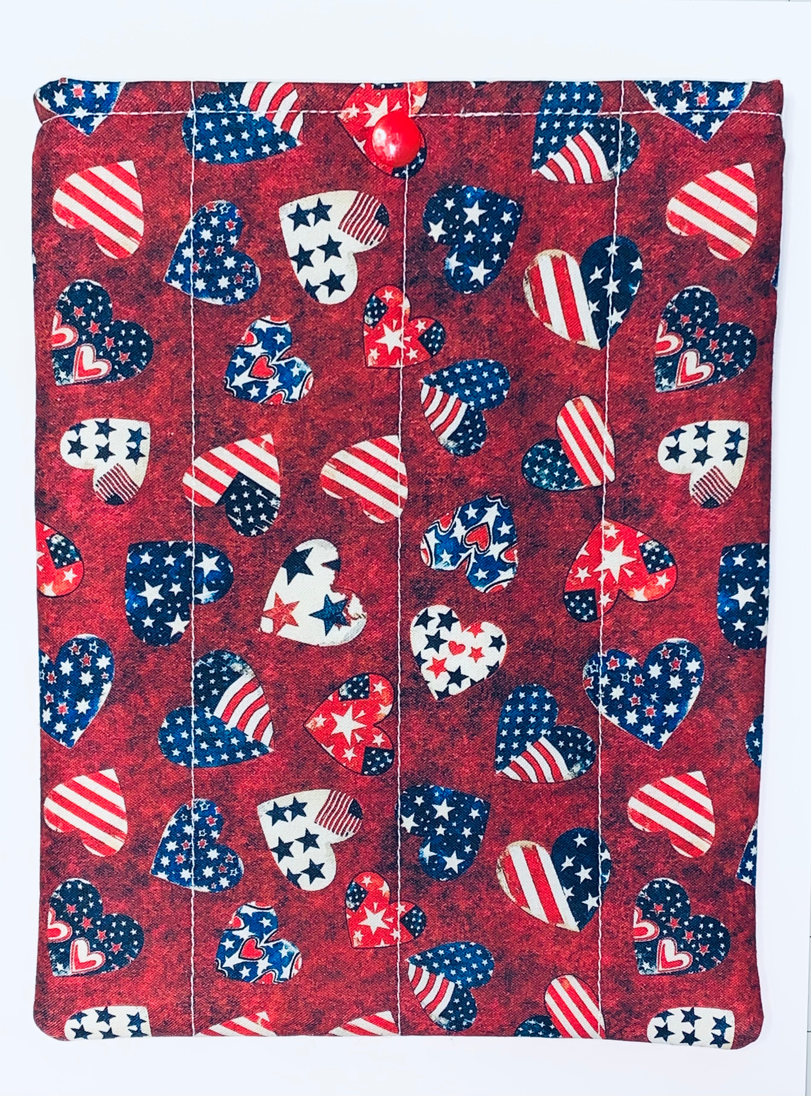Quilted Tablet Sleeve or Book Sleeve Snap Closure Exterior Pockets - Patriotic Hearts Collection - Handmade - Small - 7" x 9" - Kindle Cozy - iPad Mini Cozy - Book Cozy