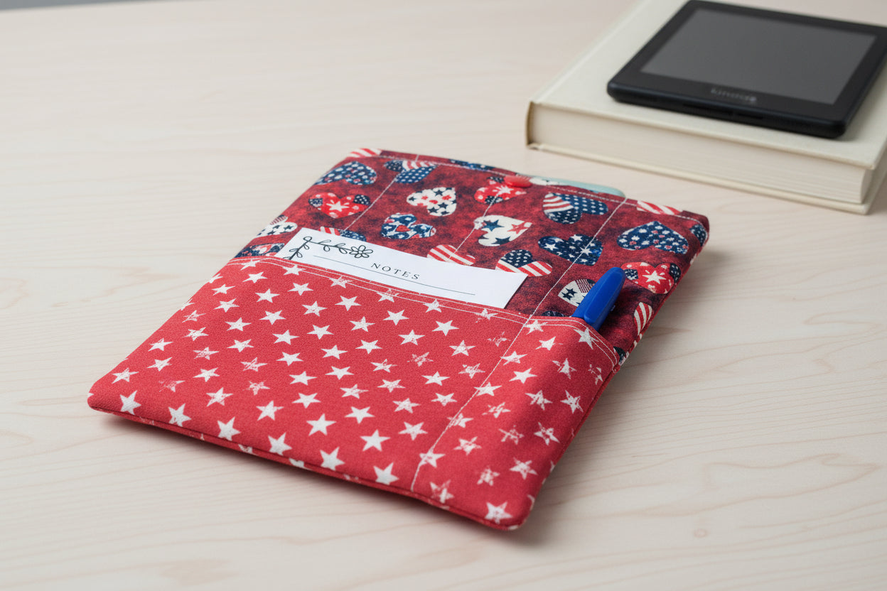 Notebook with red cover featuring hearts and stars, blue pen, and 'Notes' label.