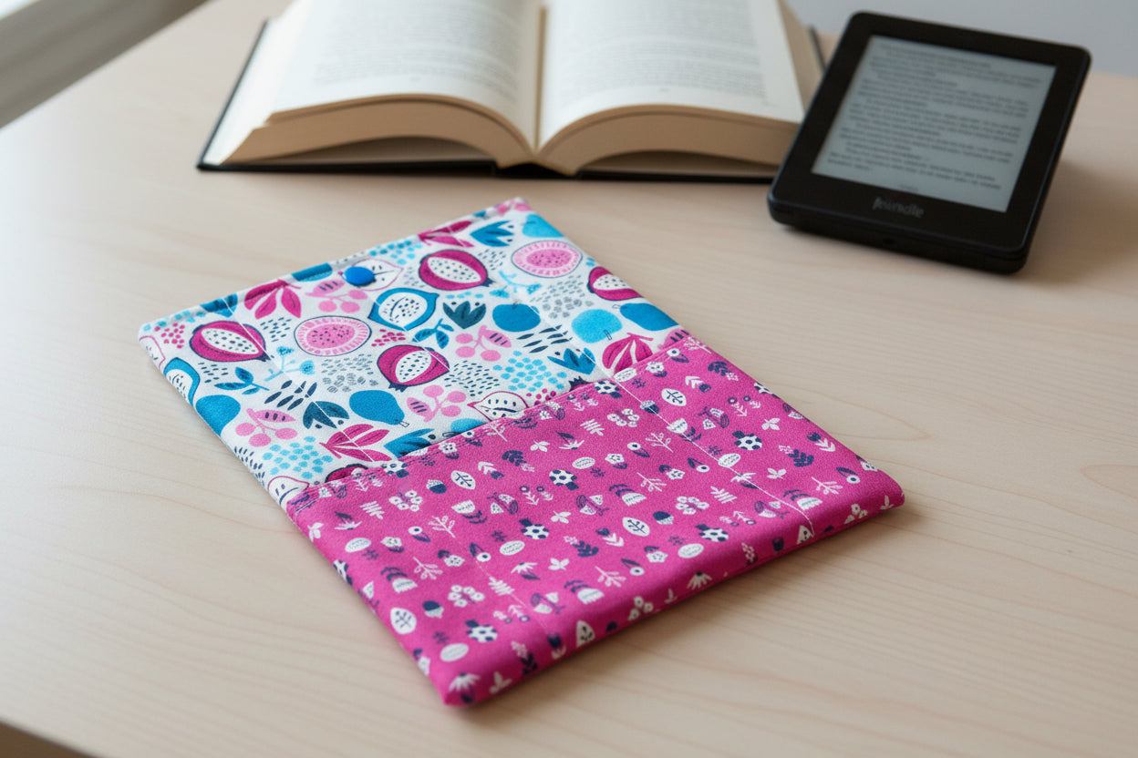 Floral and fruit patterned fabric with pink and blue design