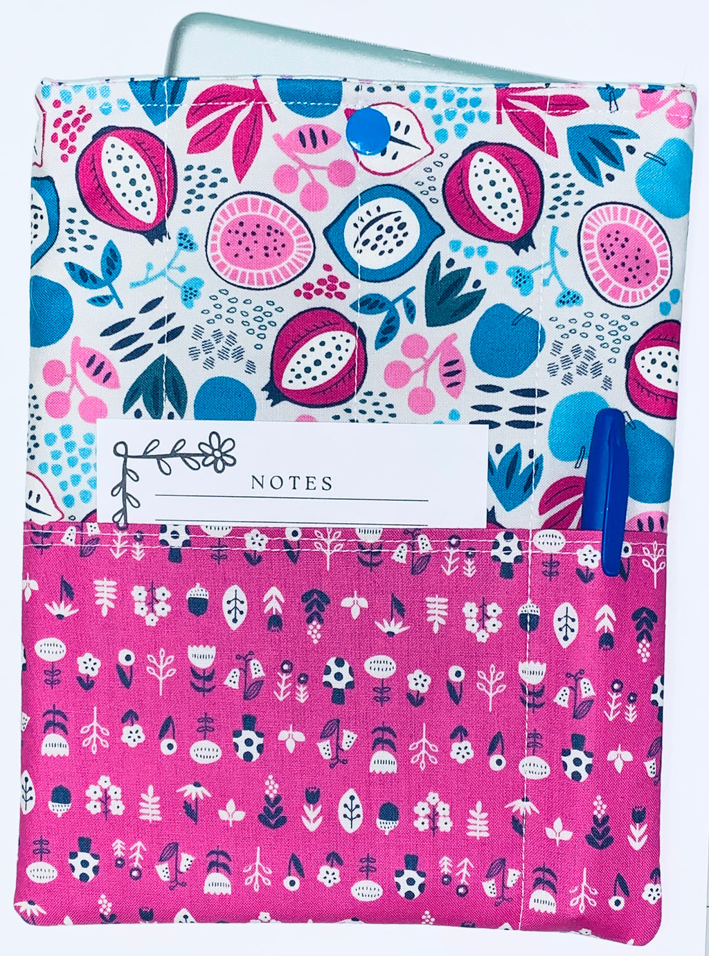 Quilted Tablet Sleeve or Book Sleeve Snap Closure Exterior Pockets - Burgess Field Collection - Handmade - Small - 7" x 9" - Kindle Cozy - iPad Mini Cozy - Book Cozy