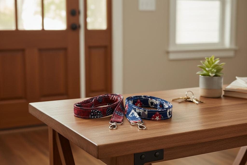 Two patterned lanyards with metal clips on a white background