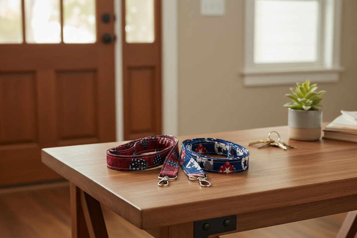 Two patterned lanyards with metal clips on a white background