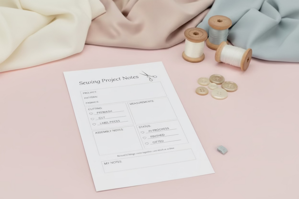 Sewing project notes sheet with fabric and sewing materials on a light surface
