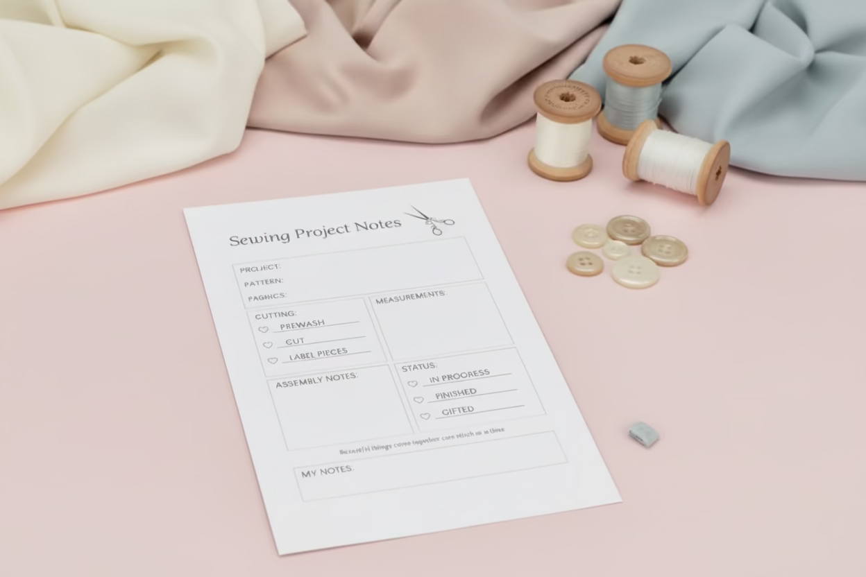 Sewing project notes sheet with fabric and sewing materials on a light surface