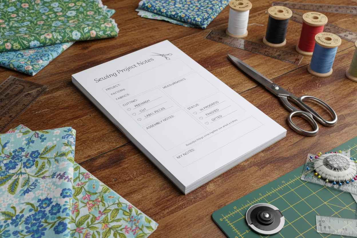 Sewing project notebook with a focus on cutting and assembly steps.