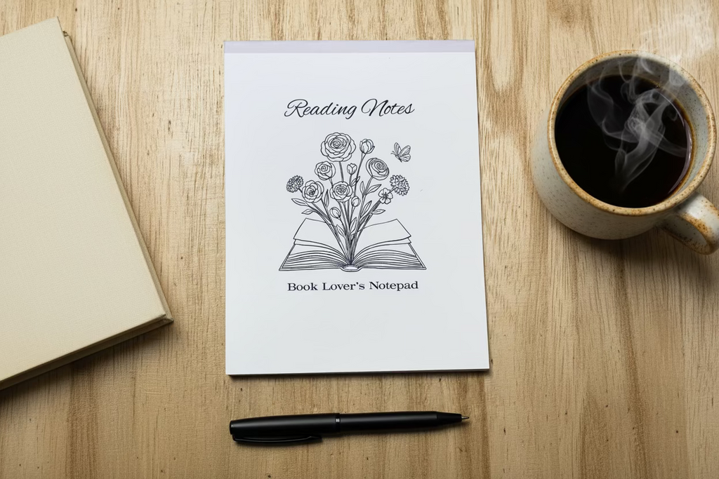 Book lover's notepad with floral design on a wooden surface