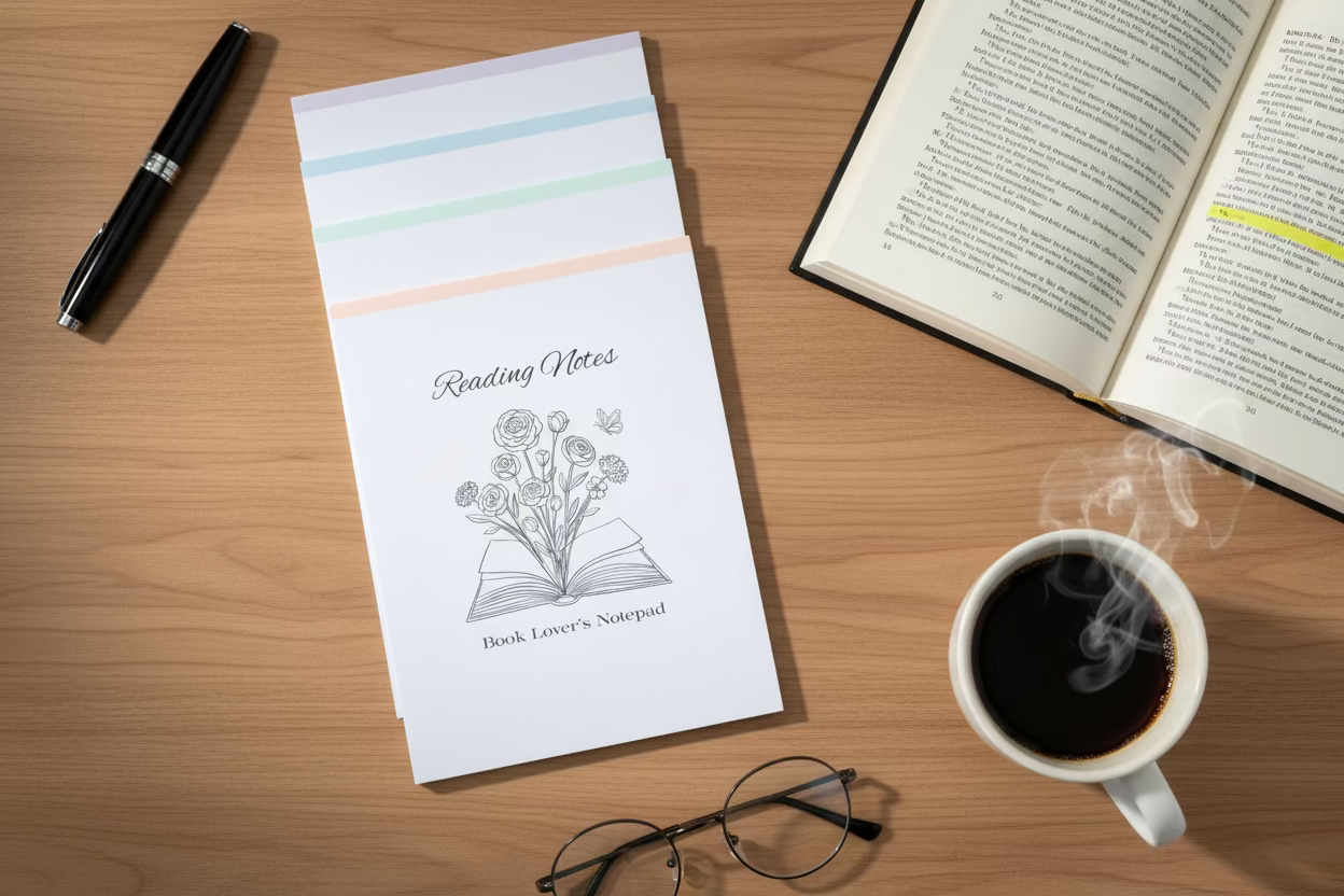 Set of stationery items including a notebook and cards on a marble surface