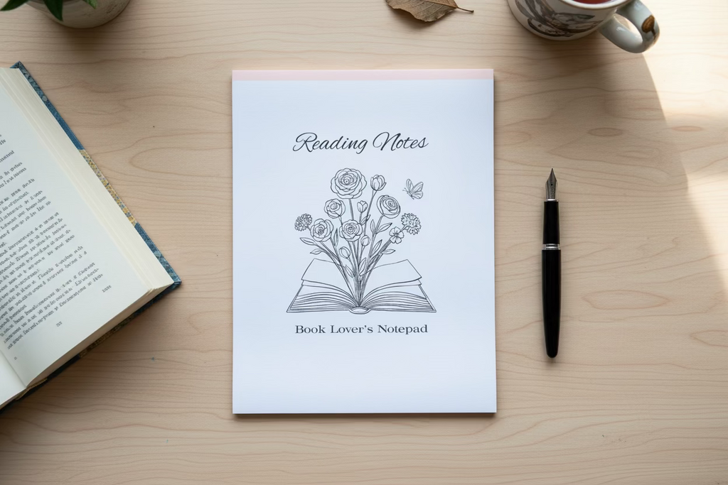 reading notes with floral design and text on a marble surface