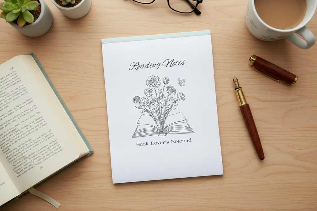 Notebook with floral design and text on a marble surface