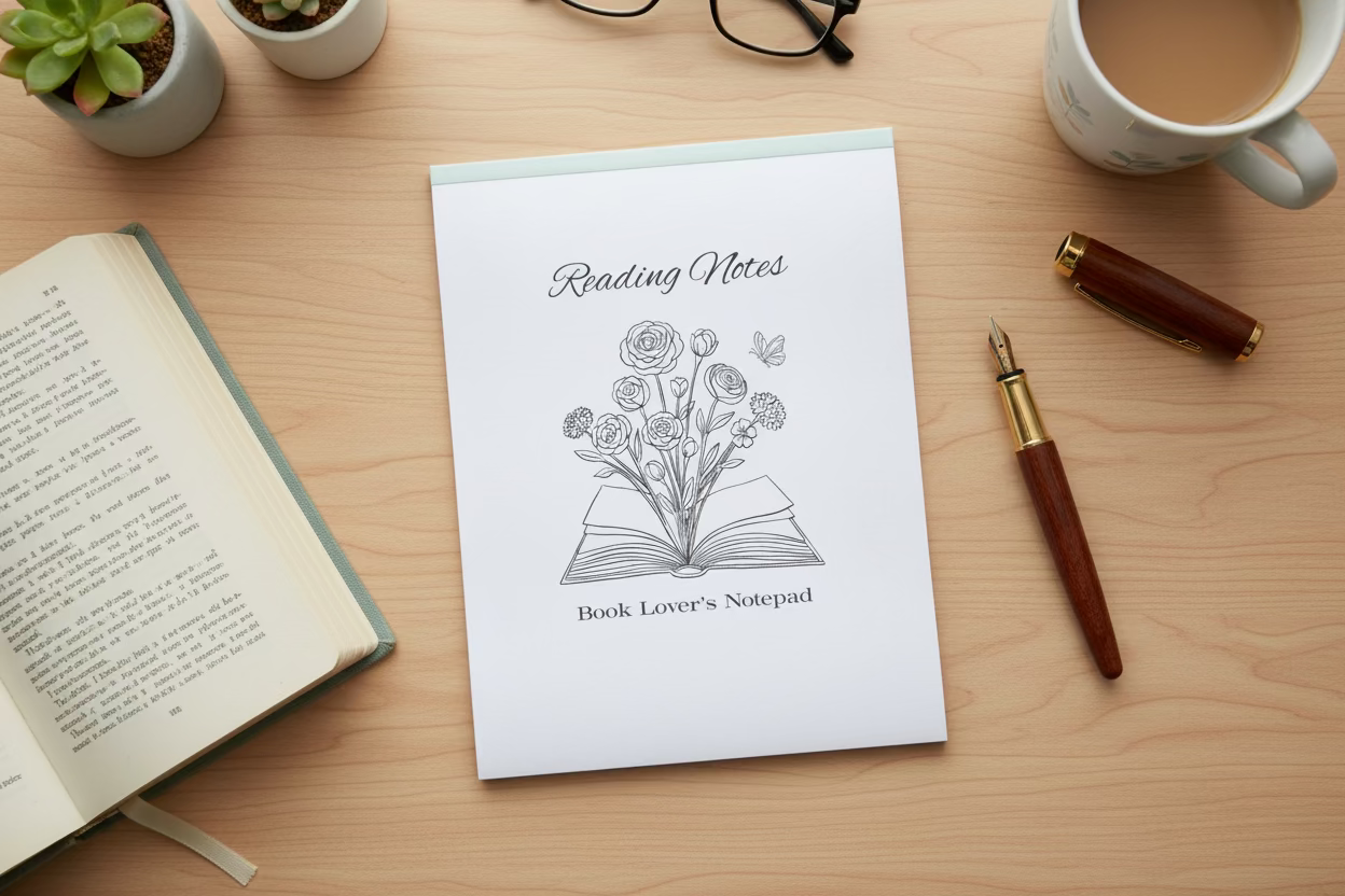 Notebook with floral design and text on a marble surface