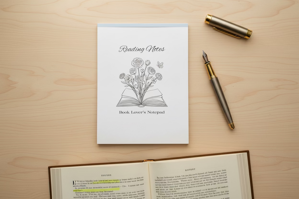 Notebook with floral design and text on a marble surface