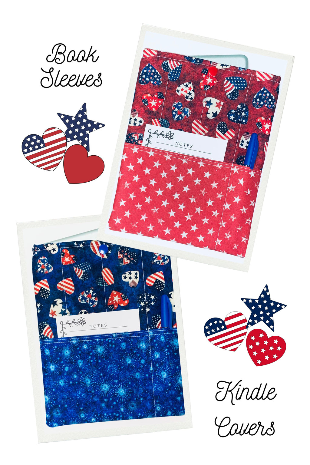 Two book sleeves with patriotic designs and a Kindle cover on a white background.