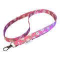Floral patterned lanyard with a clip on a white background
