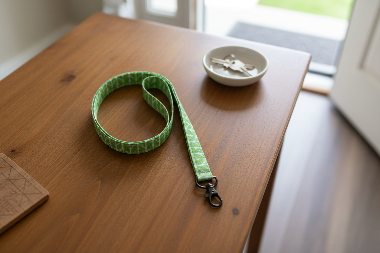 Green patterned lanyard with a clip on a light wooden surface with pink flowers.