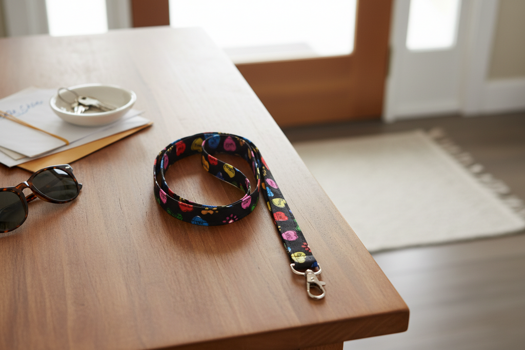 Colorful lanyard with floral design on a light wooden surface with pink flowers.
