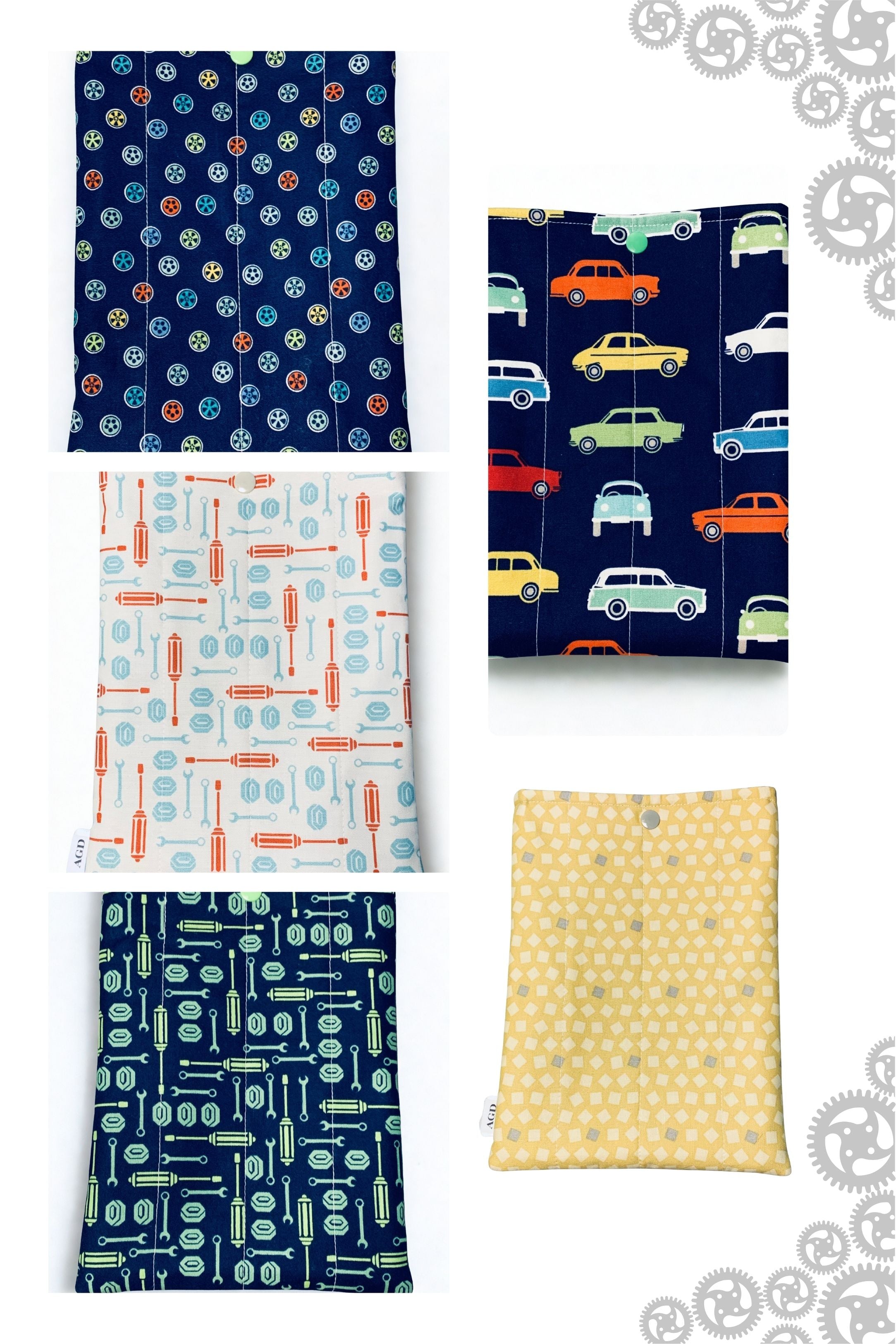 Quilted Tablet Sleeve or Book Sleeve Snap Closure Interior Pocket - Sweet Ride Collection - Car Theme for Boys, Girls, Kids - Book Cozy - Handmade - Small - 7" x 9" - 5 Prints Available