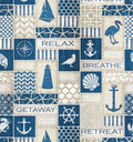 Nautical-themed fabric pattern with blue and beige colors.