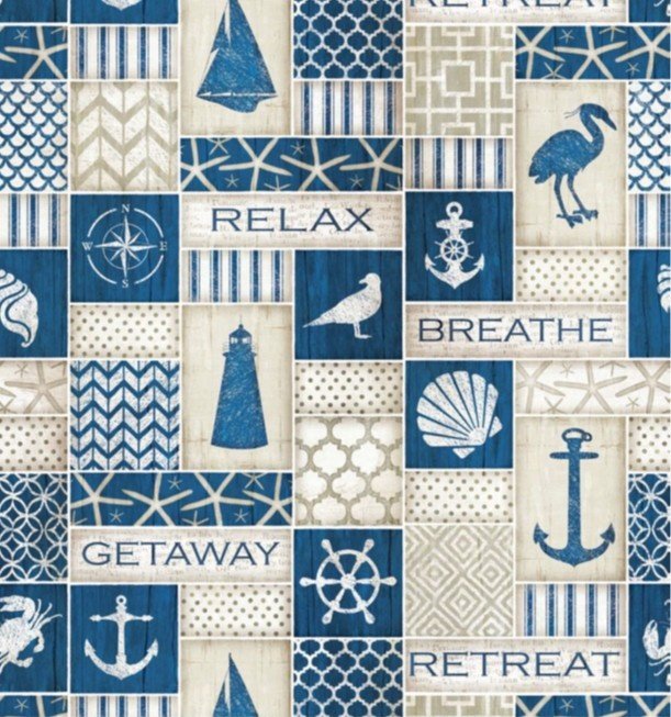 Nautical-themed fabric pattern with blue and beige colors.