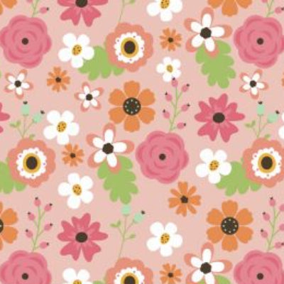 Floral pattern fabric with a ruler at the bottom for scale on a pink background
