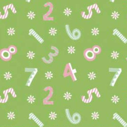 Pattern of numbers and letters on a green background with a ruler at the bottom.