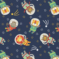 Children's fabric with space-themed design featuring animals in astronaut outfits on a navy background.