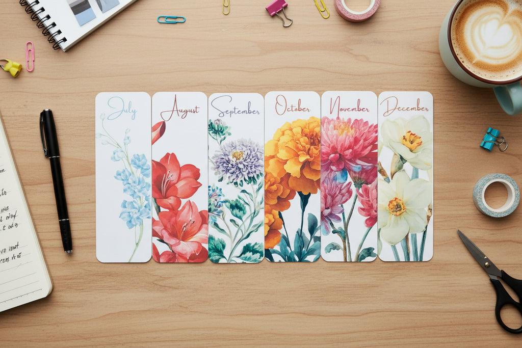 Set of six cards, each with a floral design and month name, on a white background.