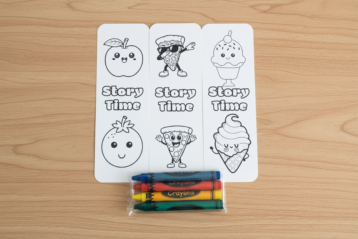 Coloring book pages with cartoon characters and 'Story Time' text, accompanied by crayons.